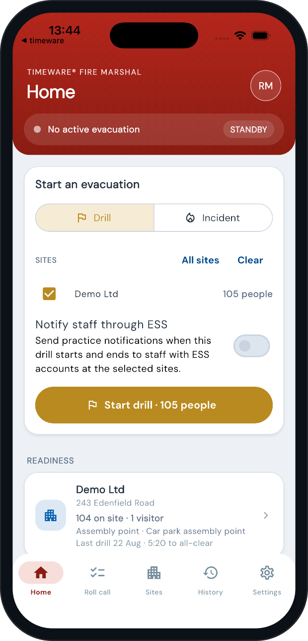 timeware® Fire Marshal App, home screen
