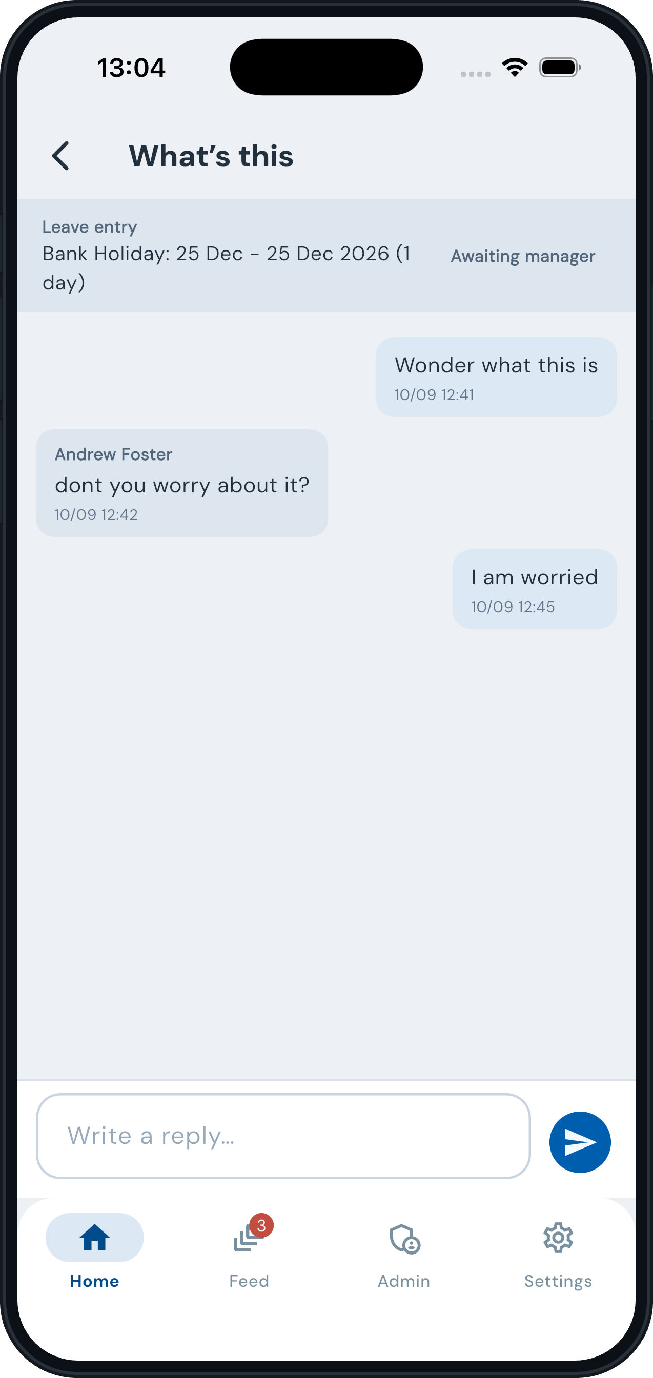 timeware® ESS conversation about a leave entry, awaiting manager