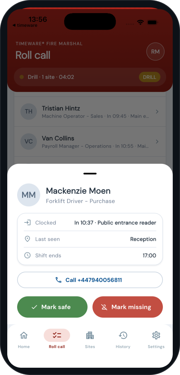 timeware® Fire Marshal, person sheet: clocked in at the public entrance reader, last seen in reception, shift ends 17:00, call, mark safe or mark missing