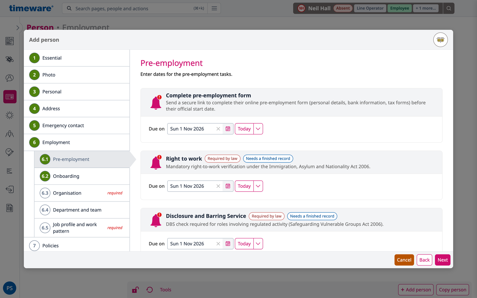The Add person window at Pre-employment: the pre-employment form, right to work and DBS check, each due on Sun 1 Nov 2026