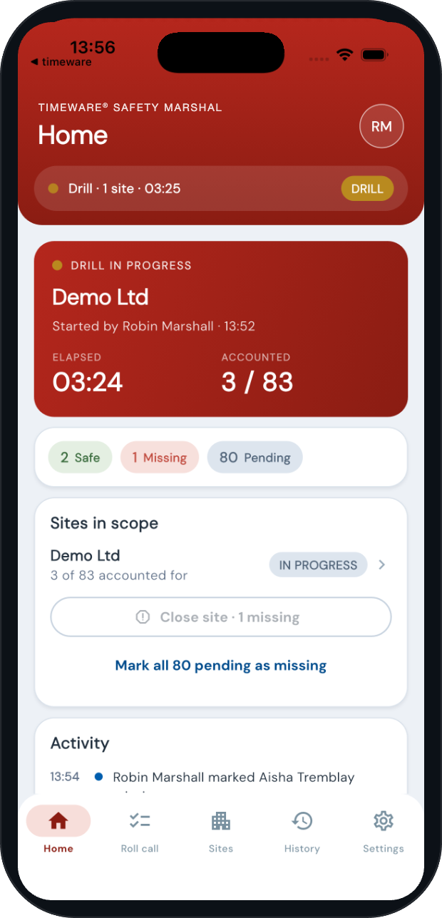 timeware® Safety Marshal, drill in progress: elapsed time, 3 of 83 accounted for, close site with 1 missing