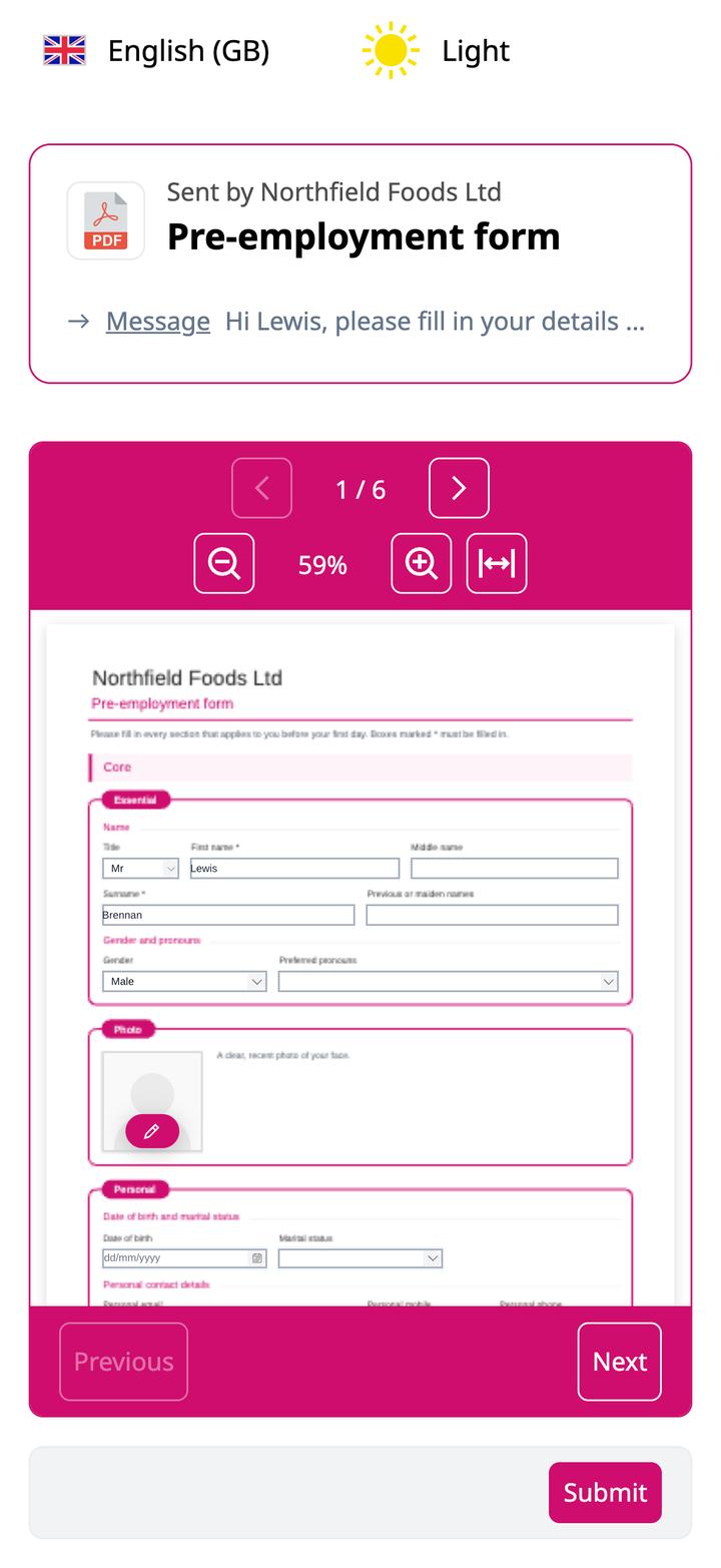 Lewis's pre-employment form open on his phone from Northfield Foods Ltd, with his title, name and gender already filled in