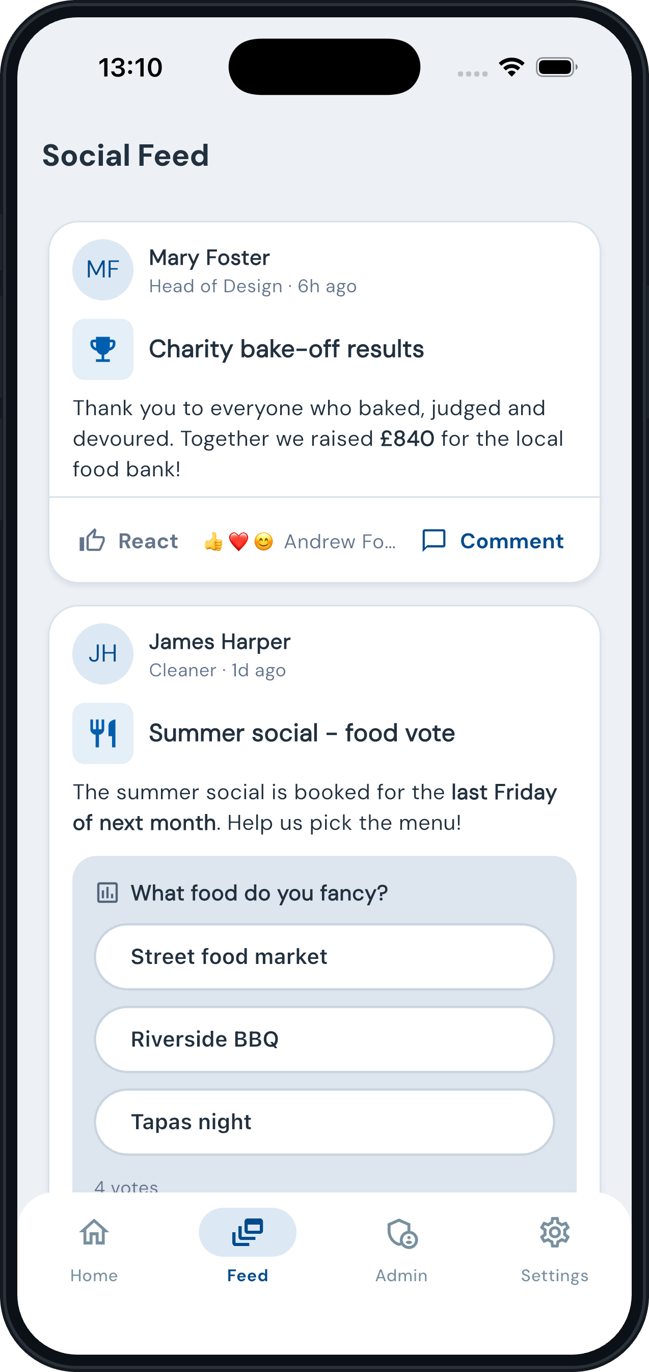 timeware® ESS social feed: post with reactions and a poll