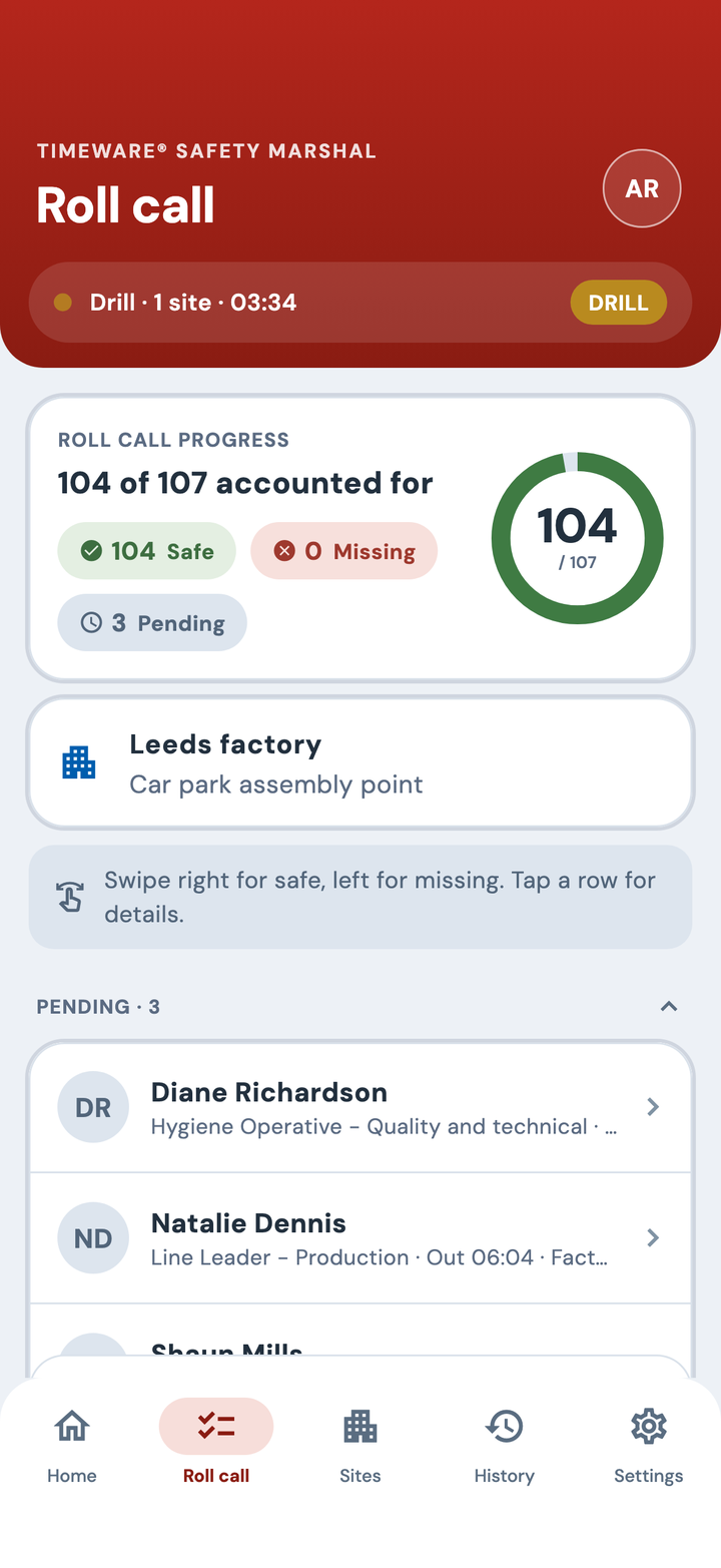 The Safety Marshal app at the Leeds factory's car park assembly point: 104 of 107 accounted for, three people still to find