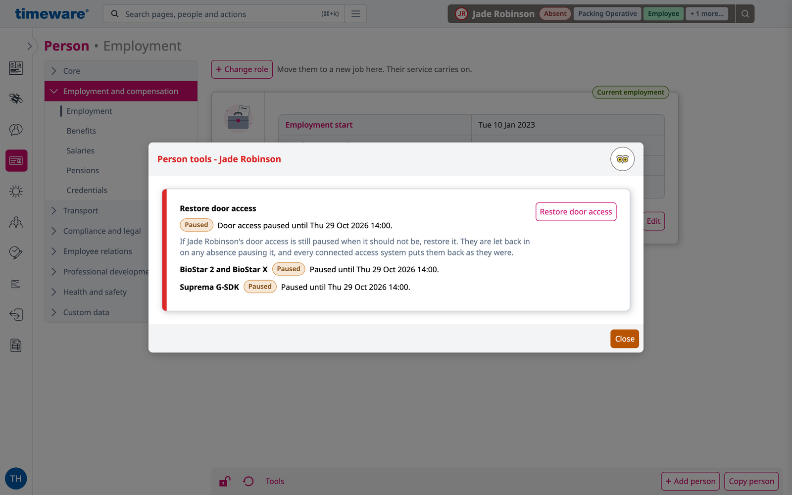 Person tools for Jade Robinson: door access paused until Thu 29 Oct 14:00 on BioStar 2 and on the Suprema readers, with Restore door access