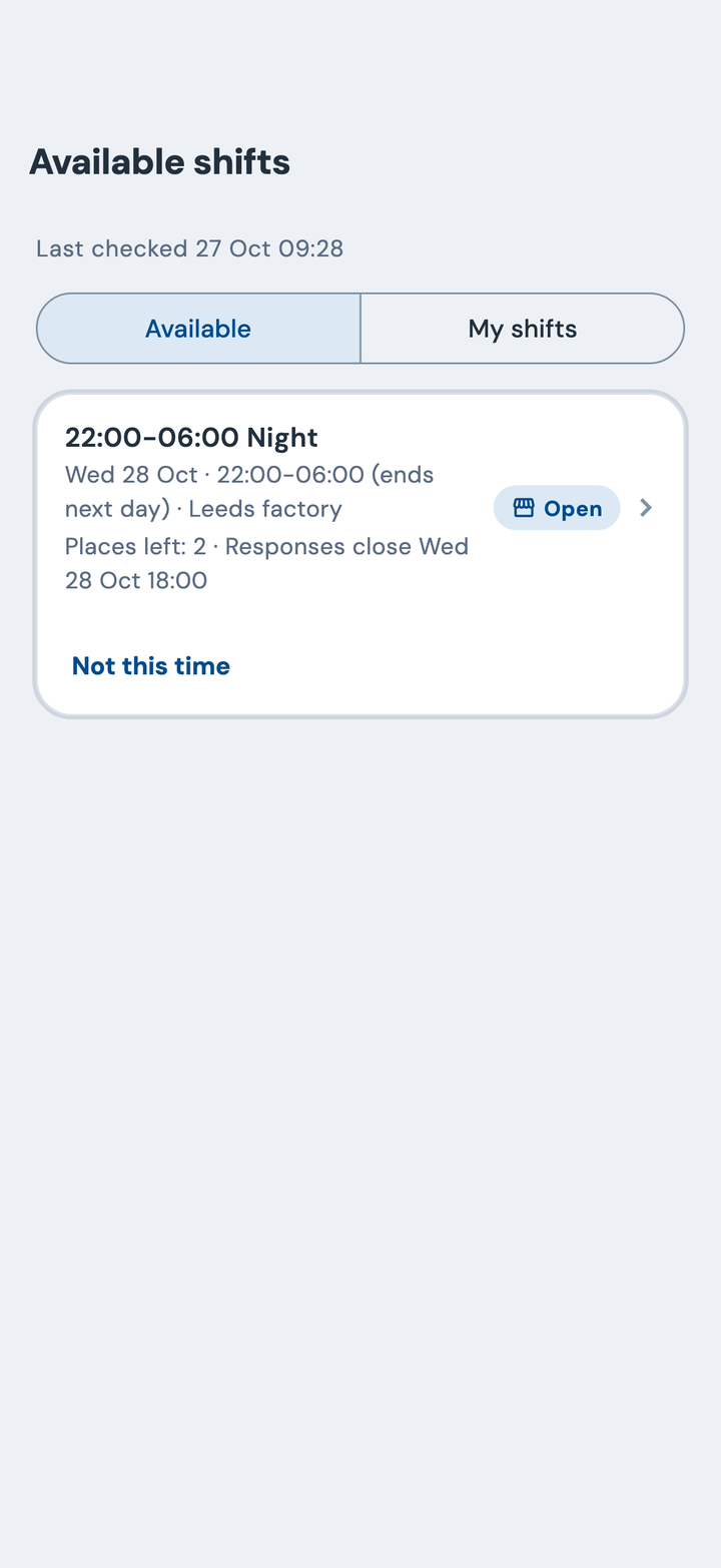 The employee app's available shifts: Wednesday's 22:00 to 06:00 night shift at the Leeds factory, 2 places left, with a Join shift button
