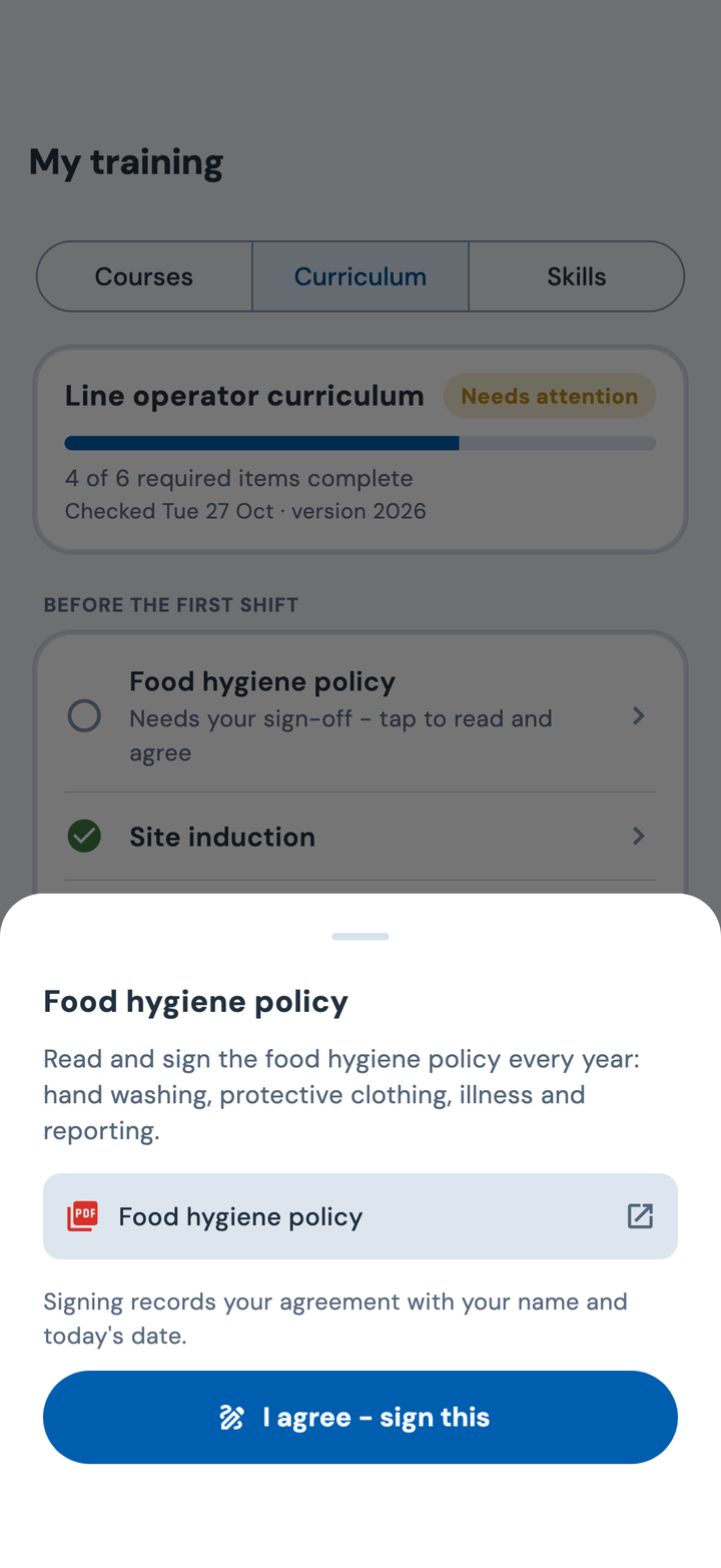 The employee app's training screen: Paula reads the food hygiene policy and taps I agree - sign this