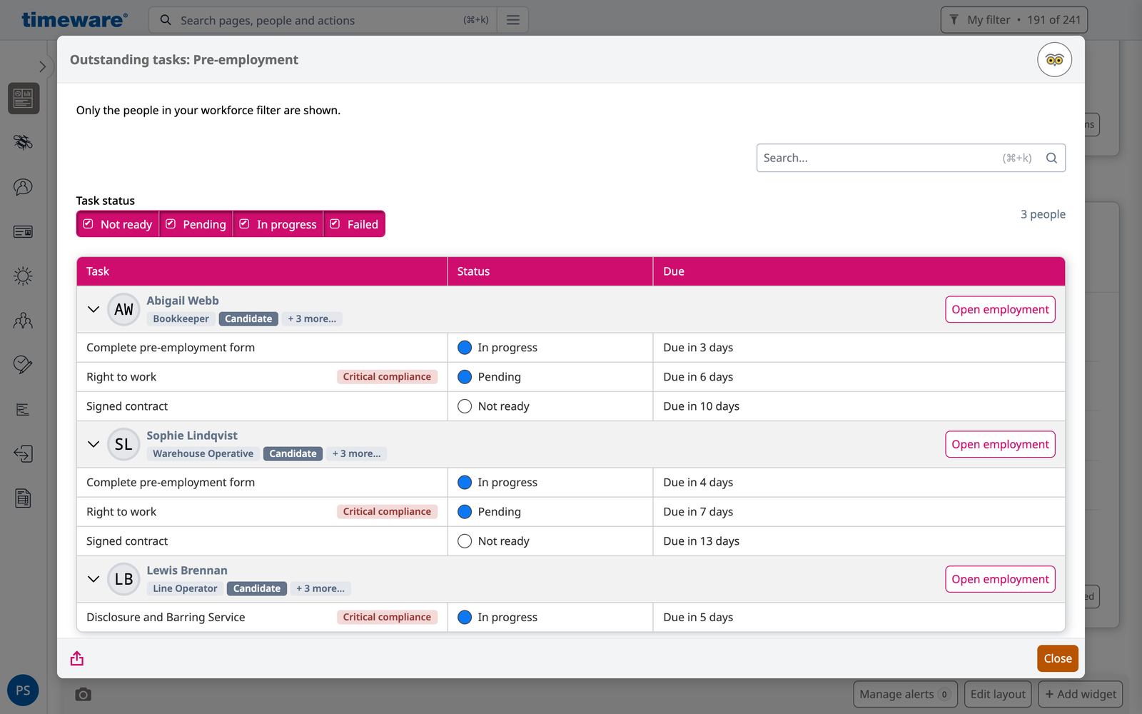 The dashboard's pre-employment tasks for three new starters: Lewis Brennan has one left, his DBS check, in progress