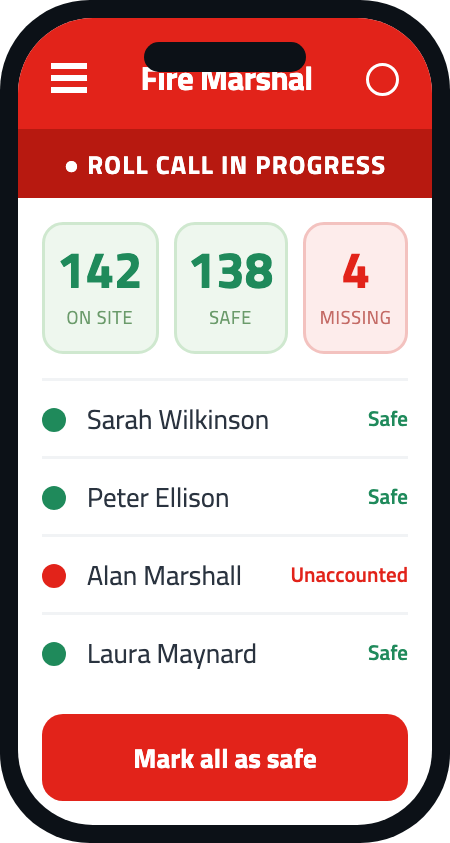 timeware® Fire Marshal app — evacuation roll call